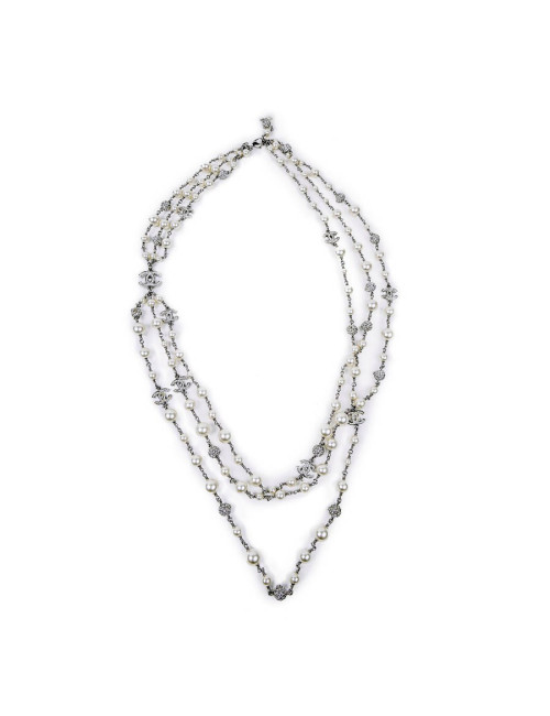 Sautoir triple rangs CHANEL perles nacrées boules de strass