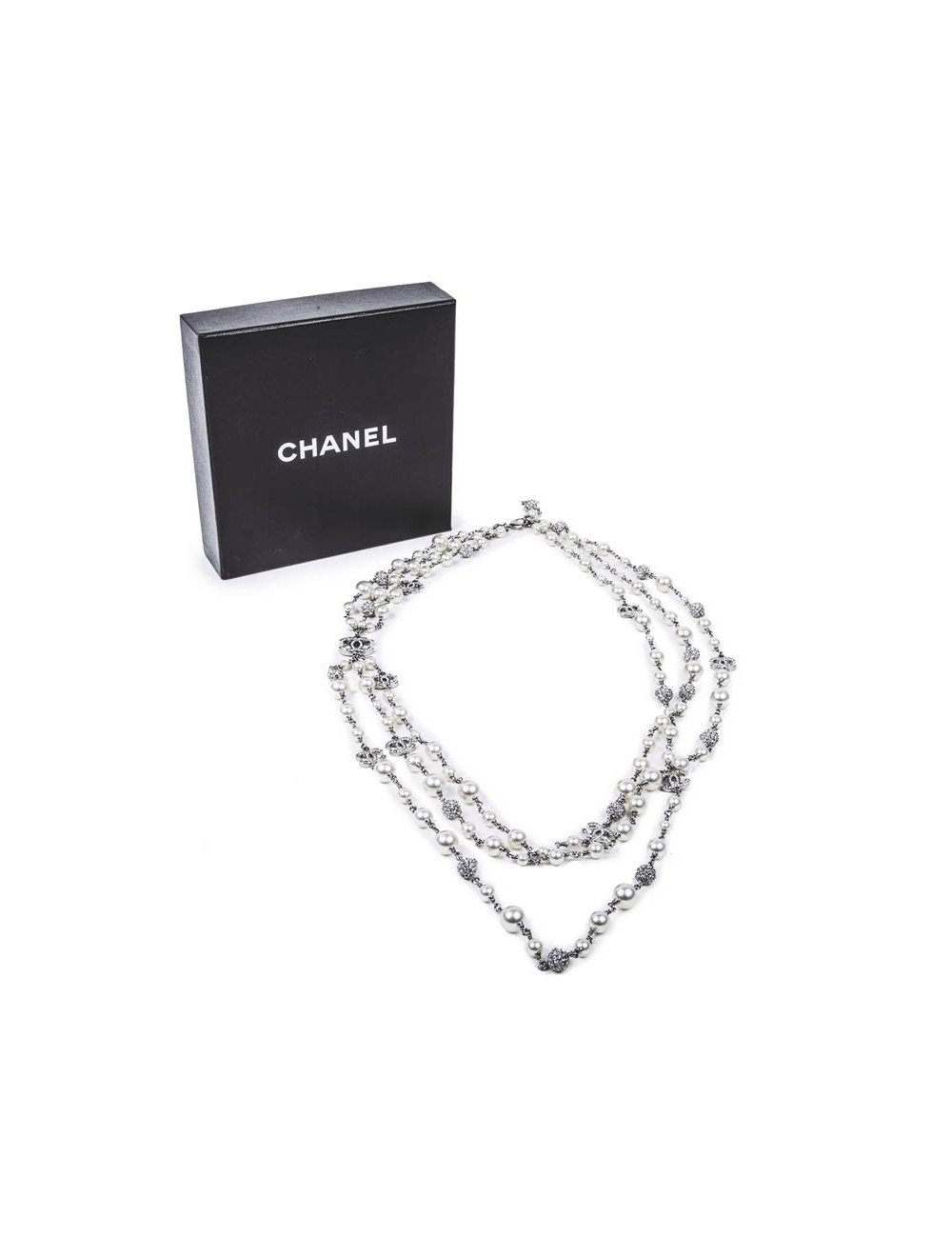 CHANEL triple raw necklace with beads, CC and balls