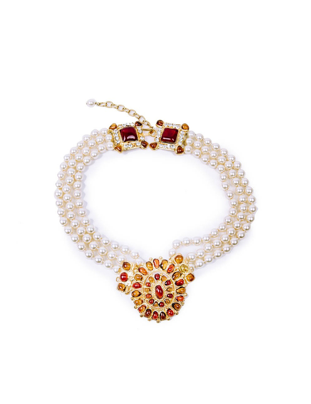 Collier Couture MARGUERITE DE VALOIS byzantin perles nacrées et pâte de verre topaze