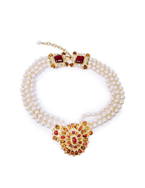 Collier Couture MARGUERITE DE VALOIS byzantin perles nacrées et pâte de verre topaze