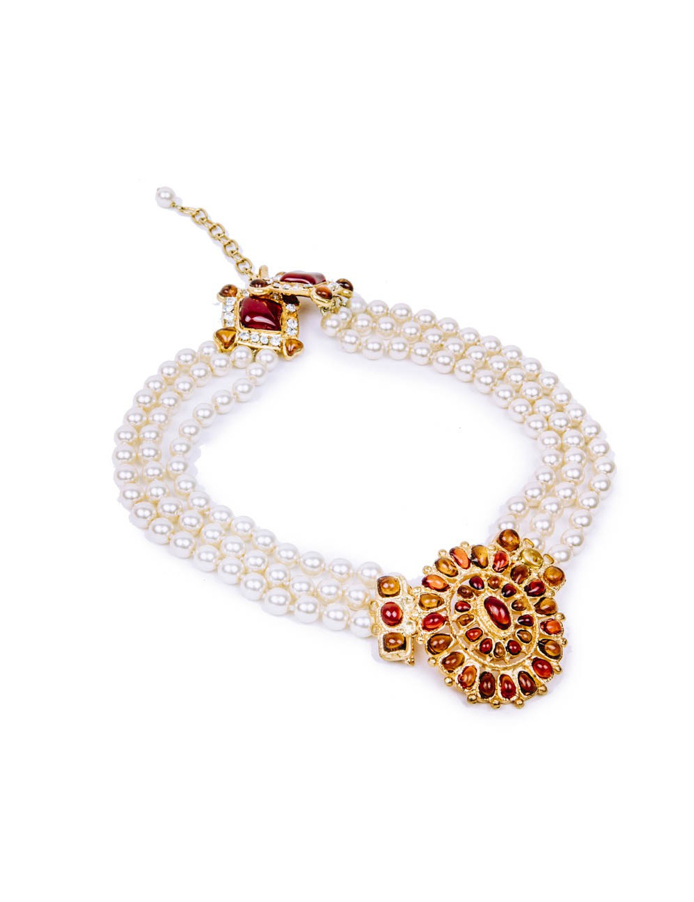 Collier Couture MARGUERITE DE VALOIS byzantin perles nacrées et pâte de verre topaze