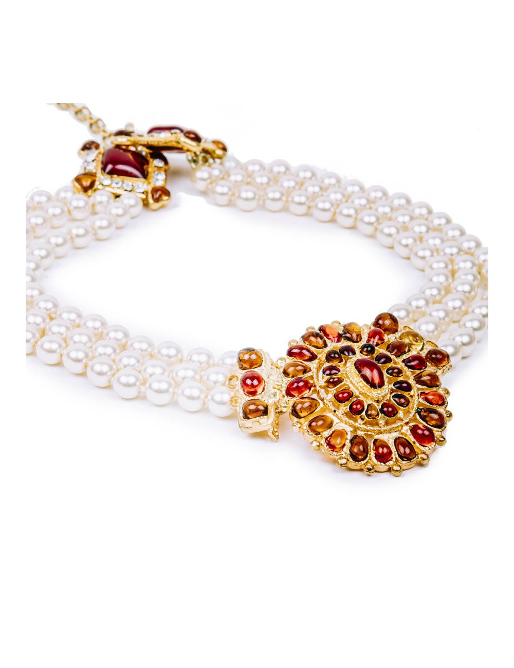 Collier Couture MARGUERITE DE VALOIS byzantin perles nacrées et pâte de verre topaze