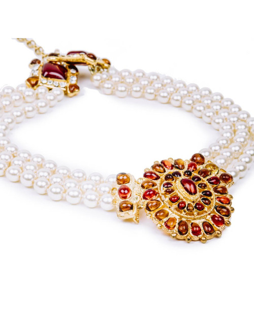 Collier Couture MARGUERITE DE VALOIS byzantin perles nacrées et pâte de verre topaze
