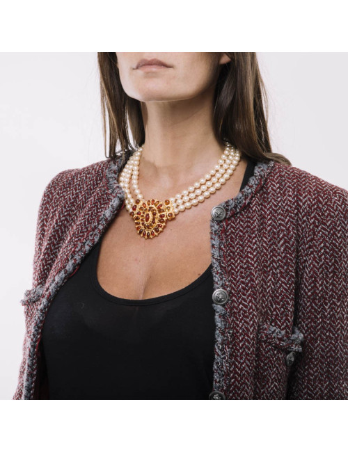 MARGUERITE DE VALOIS byzantin triple-row necklace in pearls and molten glass