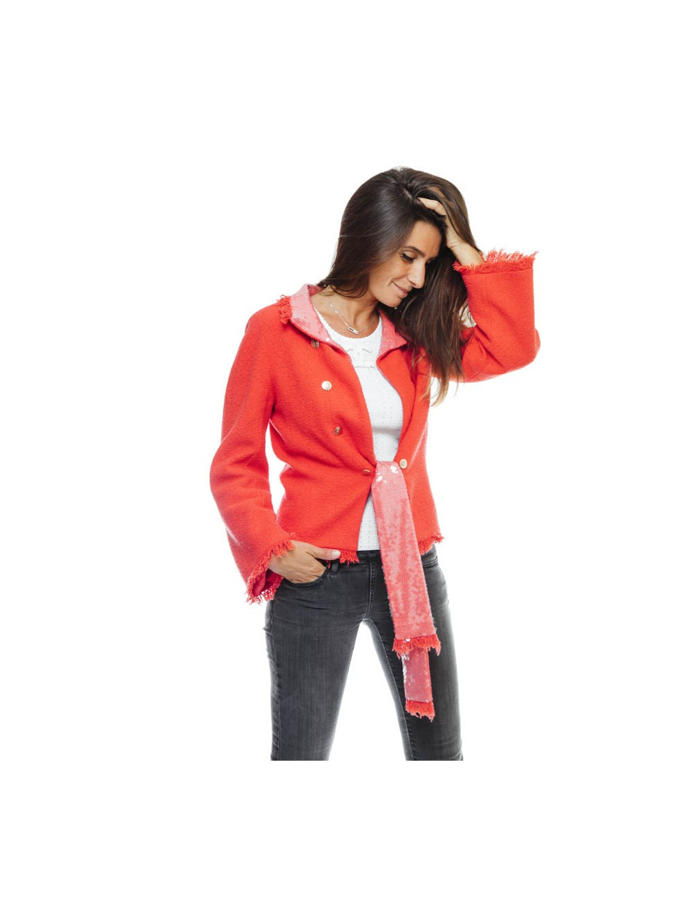 CHANEL 'Paris Los Angeles' Jacket in coral tweed and neck in sequins