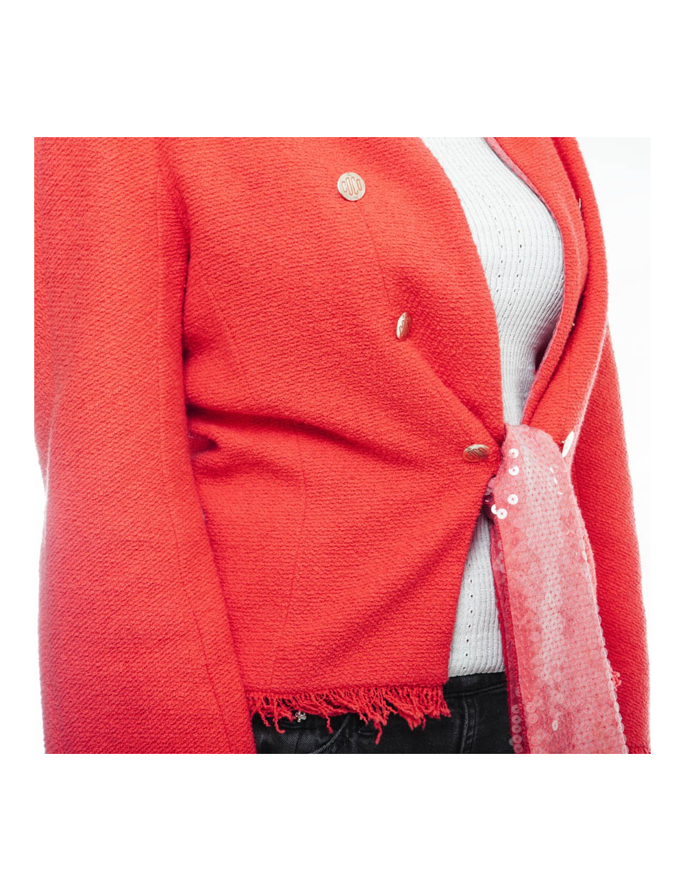 CHANEL 'Paris Los Angeles' Jacket in coral tweed and neck in sequins