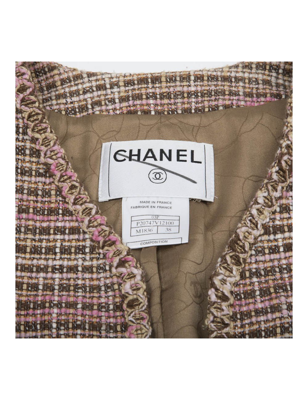 CHANEL jacket 38FR in beige and pink tweed