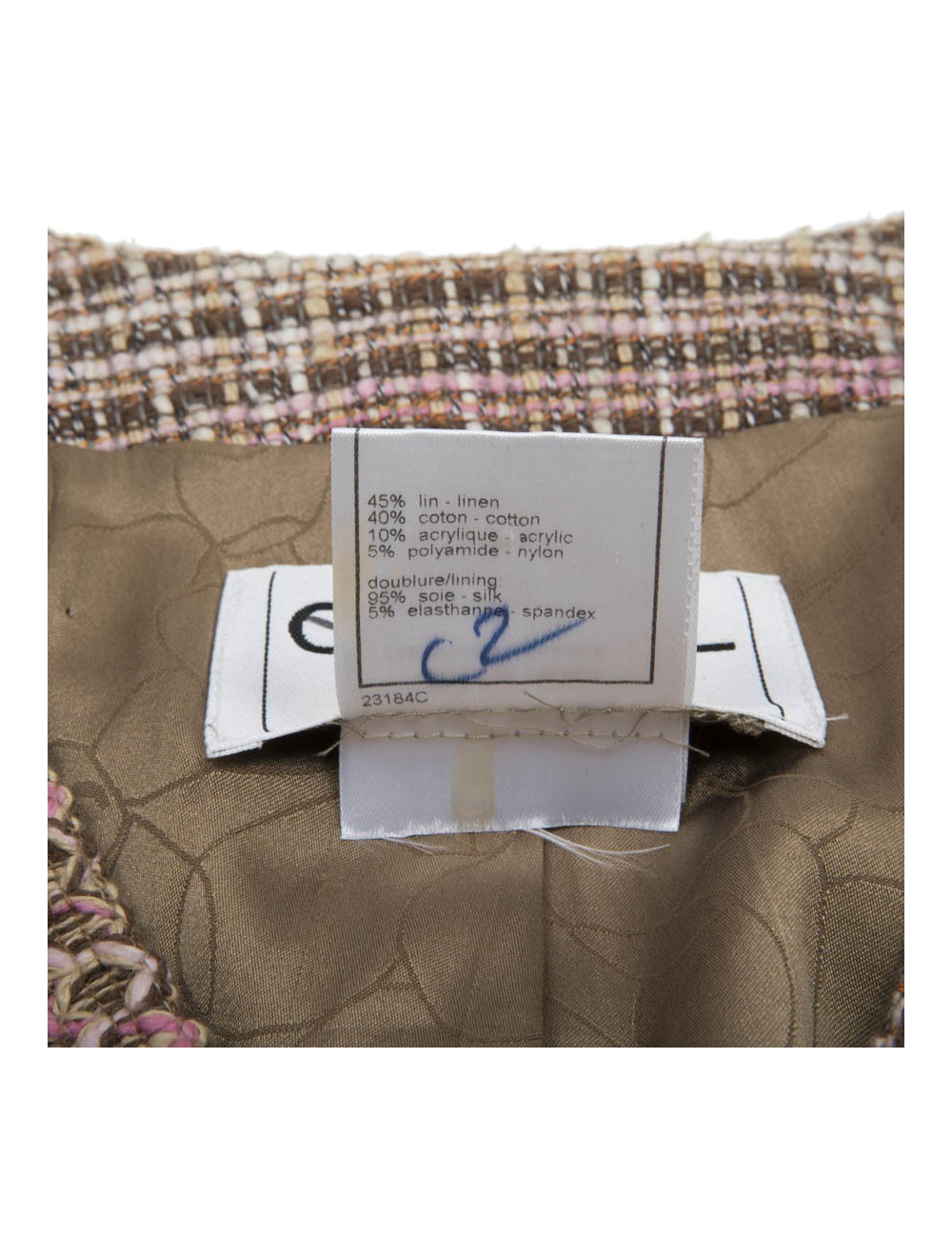 CHANEL jacket 38FR in beige and pink tweed