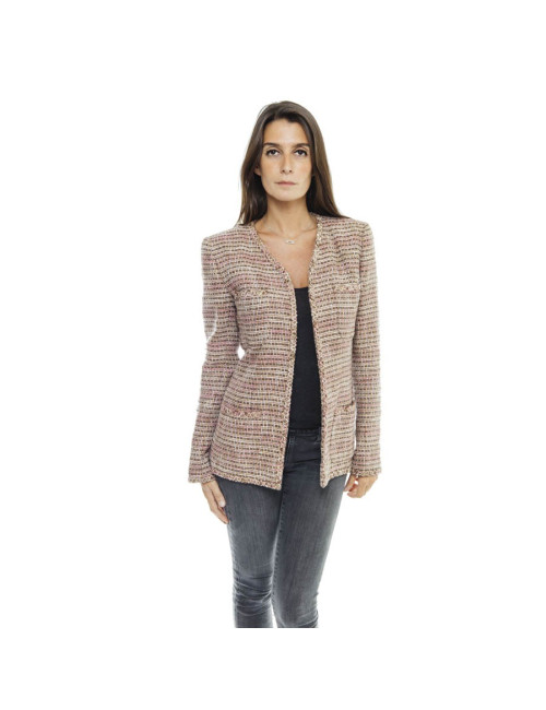CHANEL jacket 38FR in beige and pink tweed