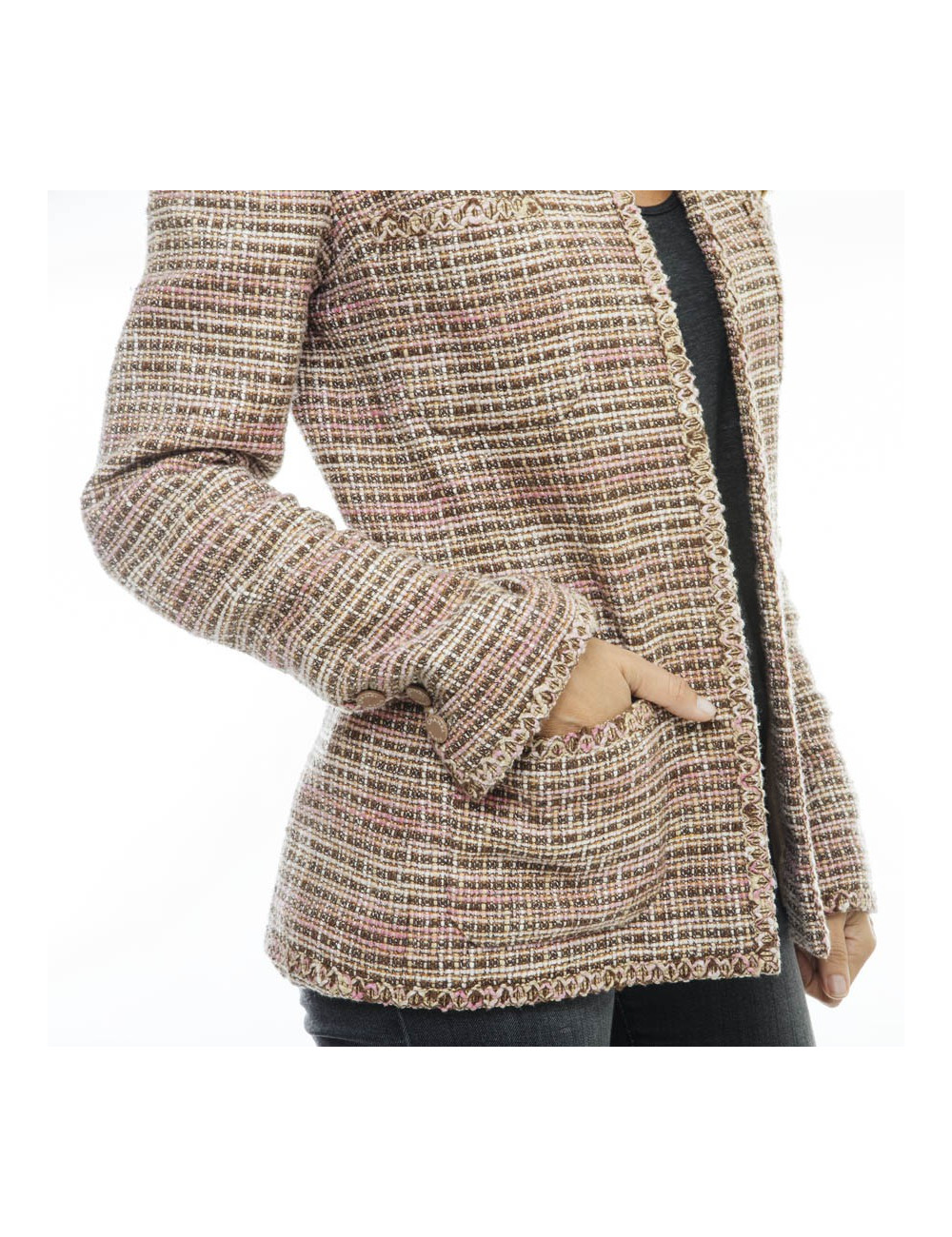 CHANEL jacket 38FR in beige and pink tweed