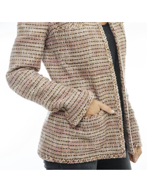 CHANEL jacket 38FR in beige and pink tweed