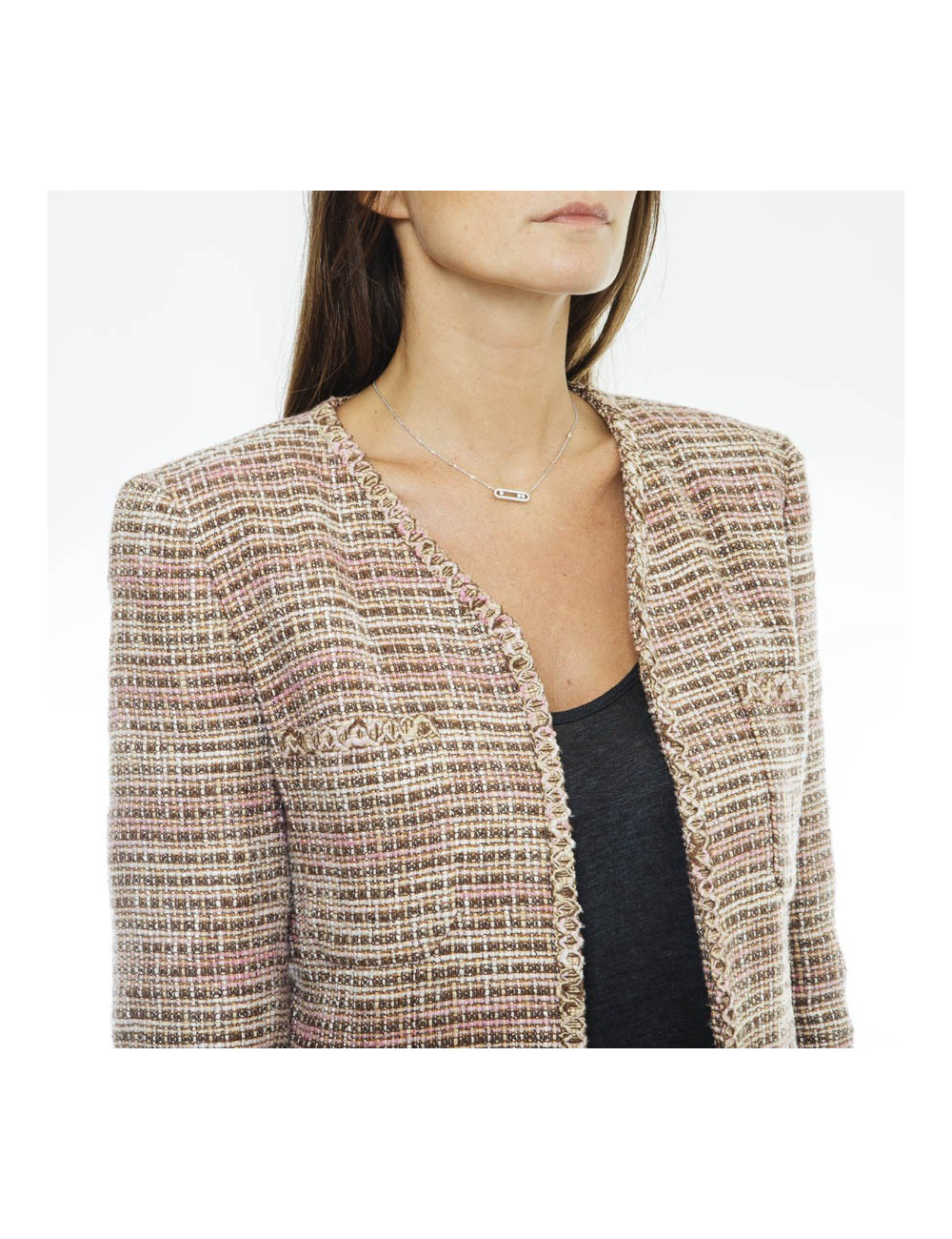 CHANEL jacket 38FR in beige and pink tweed