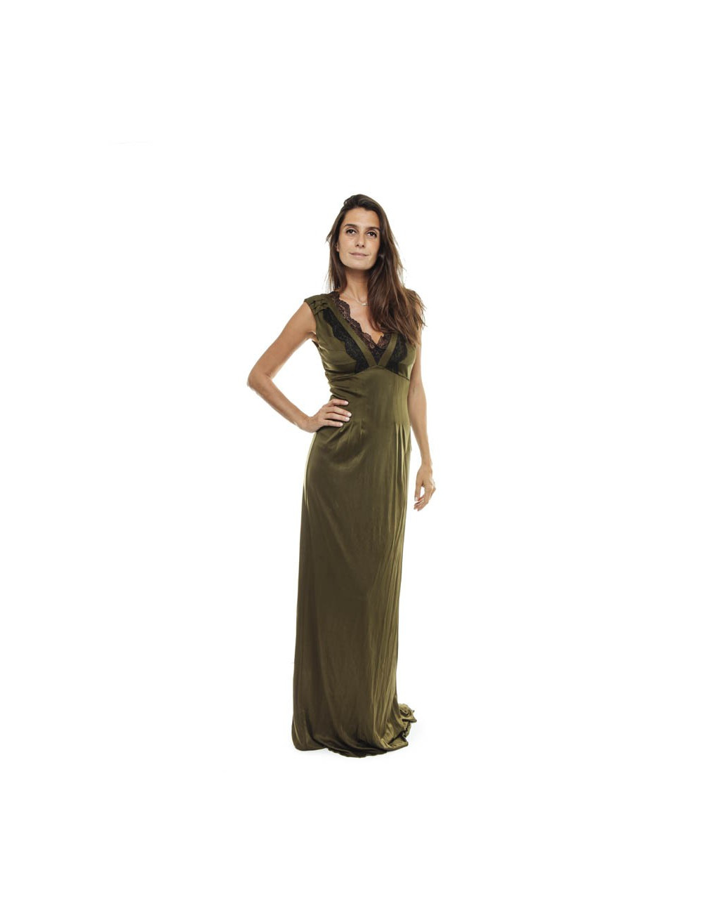 CHRISTIAN LACROIX soft evening own in khaki green satin viscose Size 40FR