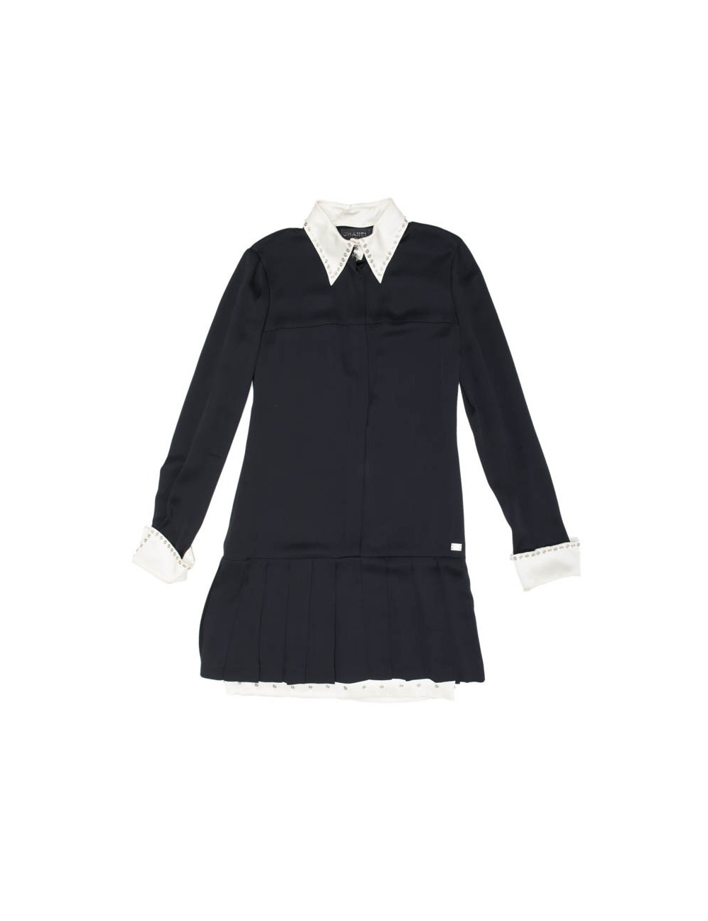 Robe CHANEL T 38 FR noire avec col blanc en soie