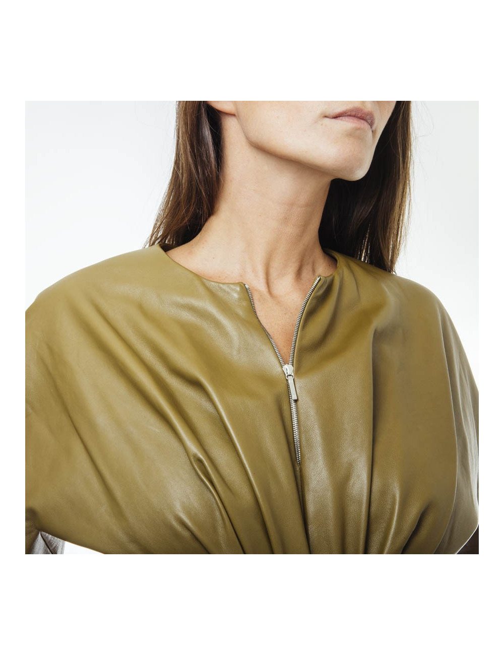 THIERRY MUGLER T 38 backless dress in khaki lambskin leather