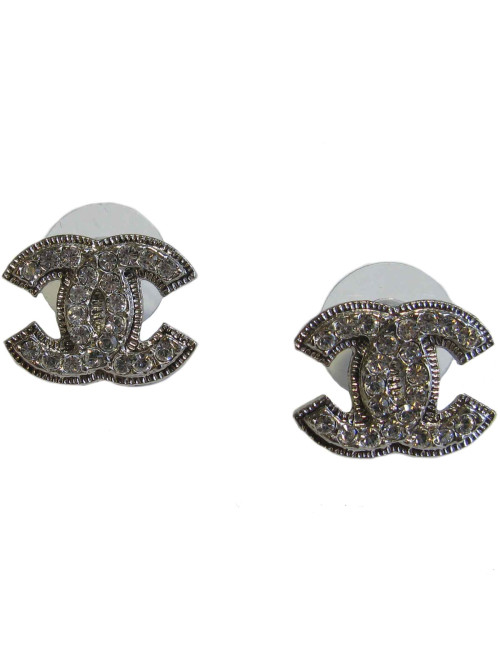 CHANEL CC Studs earrings in silver plated metal and rhinestones