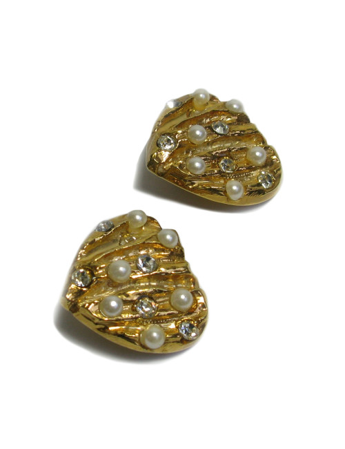 Boucles d'oreille Clips CHRISTIAN LACROIX coeur en métal doré, strass et perles