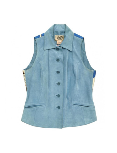 Gilet HERMES T 40 en daim bleu et foulard "Hermès Cup Palm Beach"