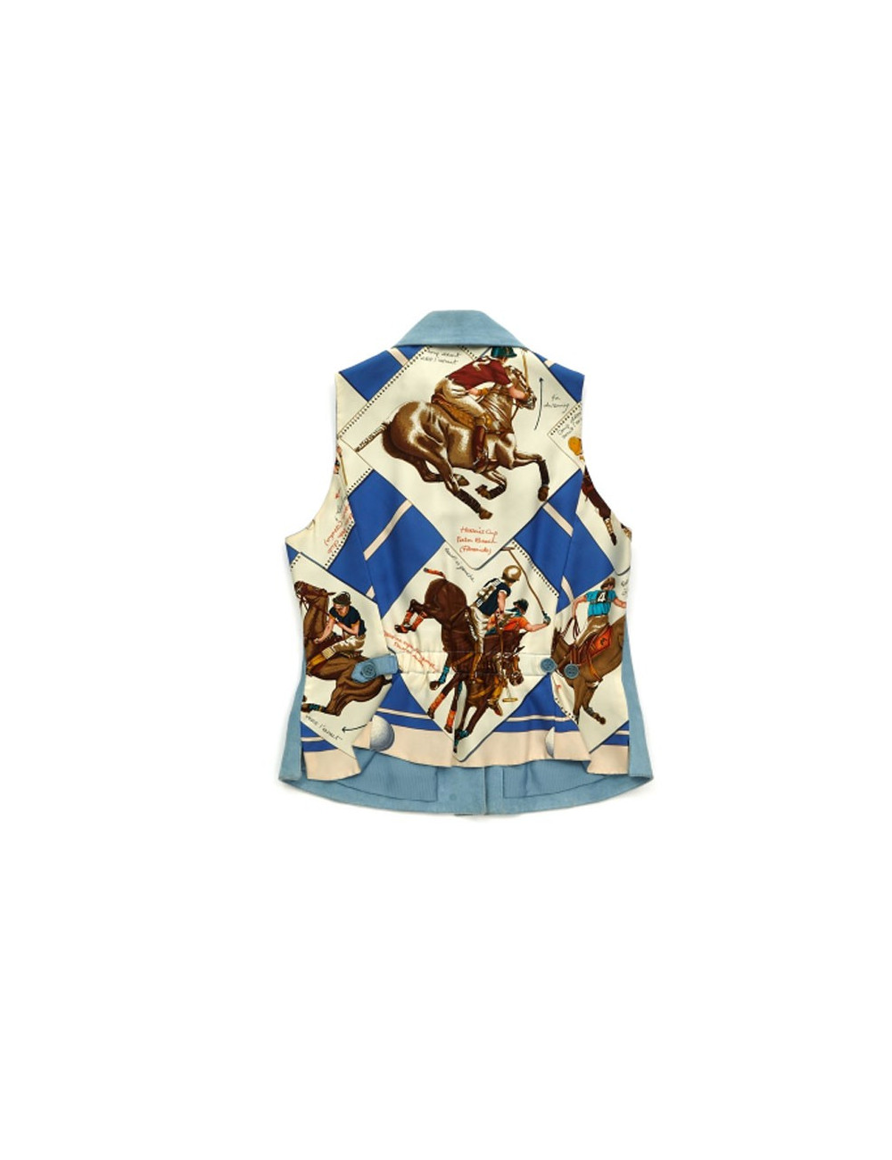 HERMES 40FR sleeveless jacket in sky blue suede and Hermès Cup Palm Beach printed silk back