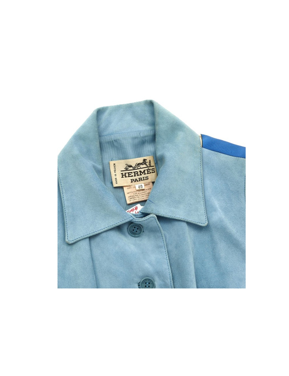 HERMES 40FR sleeveless jacket in sky blue suede and Hermès Cup Palm Beach printed silk back