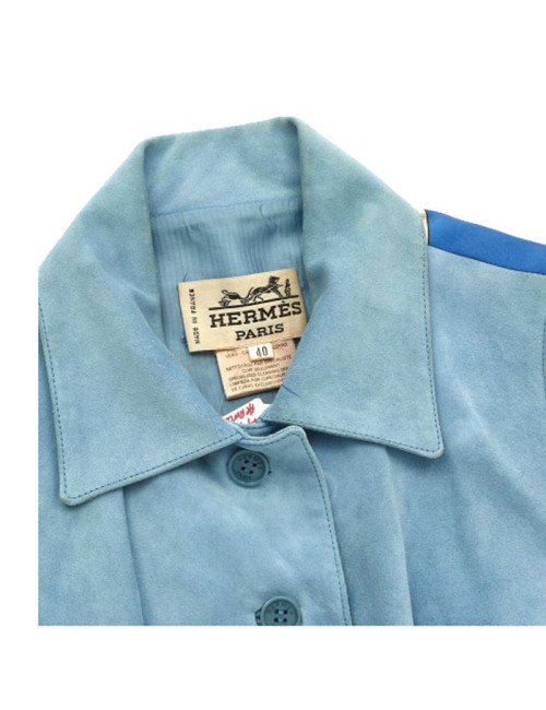 HERMES 40FR sleeveless jacket in sky blue suede and Hermès Cup Palm Beach printed silk back