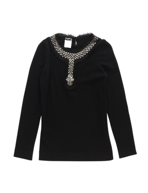 Pull CHANEL T 42 en cachemire noir et brillants swarovski