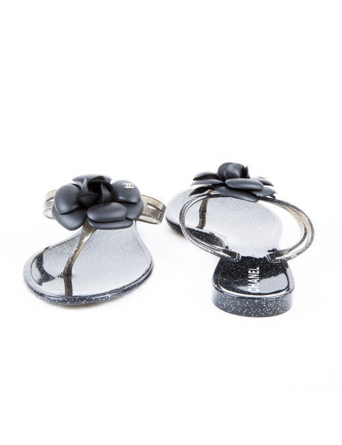 CHANEL Sandals in Black and Gray Plastic with Glitter Inclusions Size 40EU
