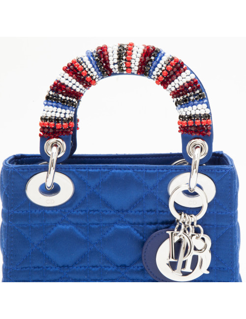 CHRISTIAN DIOR Lady D in electric blue satin silk with pearls on the handles