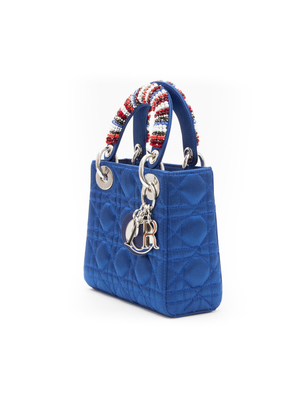 CHRISTIAN DIOR Lady D in electric blue satin silk with pearls on the handles