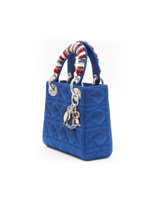 CHRISTIAN DIOR Lady D in electric blue satin silk with pearls on the handles