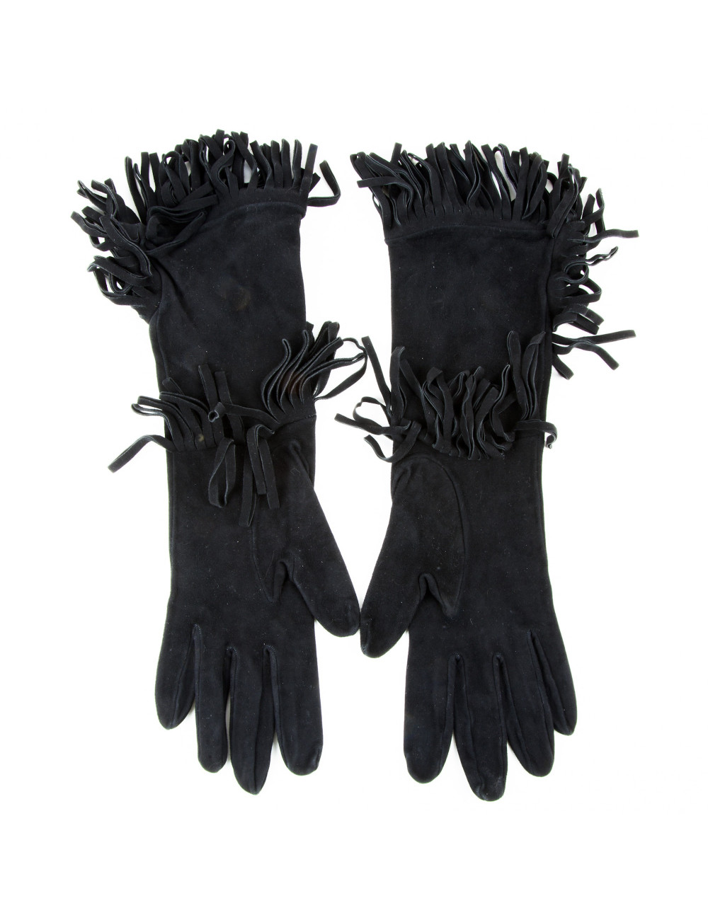 HERMES mid-length fringed gloves in black suede size 7.5EU