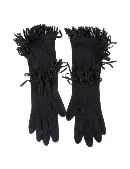HERMES mid-length fringed gloves in black suede size 7.5EU