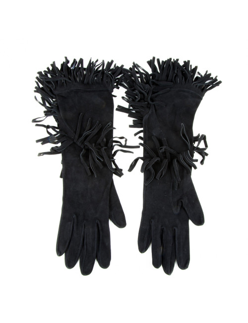 HERMES mid-length fringed gloves in black suede size 7.5EU