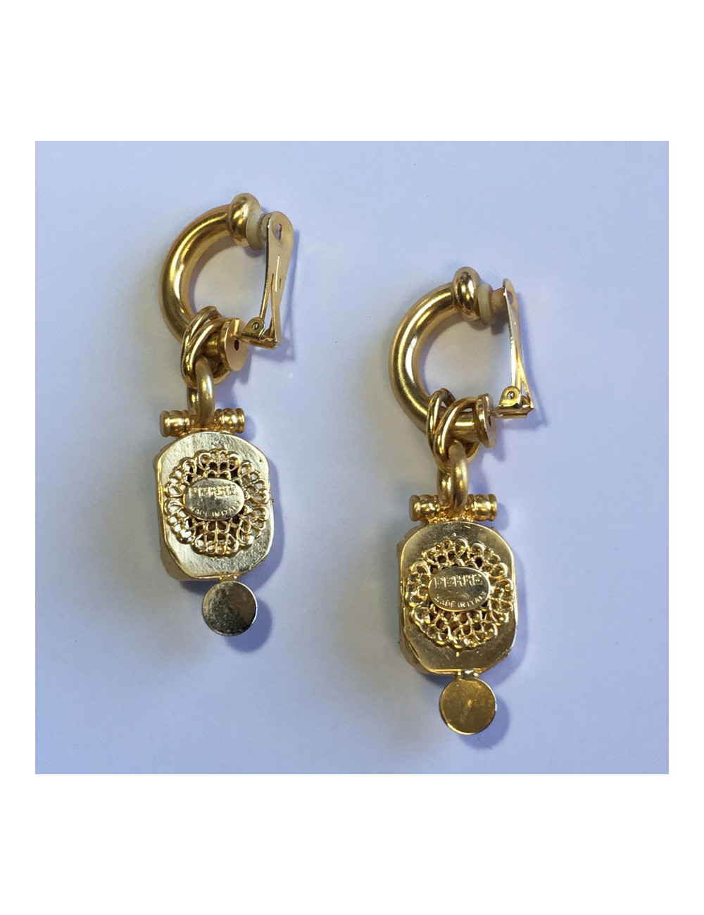 GIANFRANCO FERRE Vintage clip-on earrings in gilded metal, faceted stone and brilliant