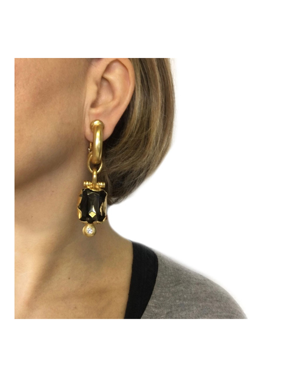 xxx Boucles d'oreille clips GIANFRANCO FERRE Vintage en métal doré, pierre facettée et brilliant