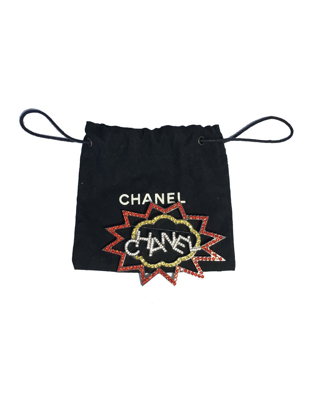 xxx Broche CHANEL 'CHANEL' en ruthénium et strass de couleur