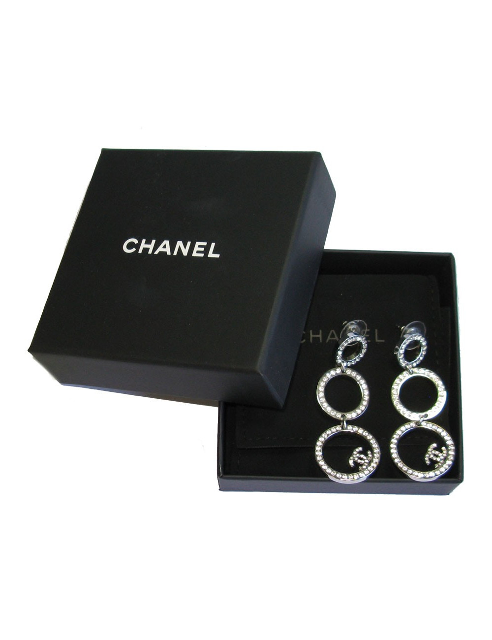 CHANEL dangling stud earrings in silver metal and white rhinestones