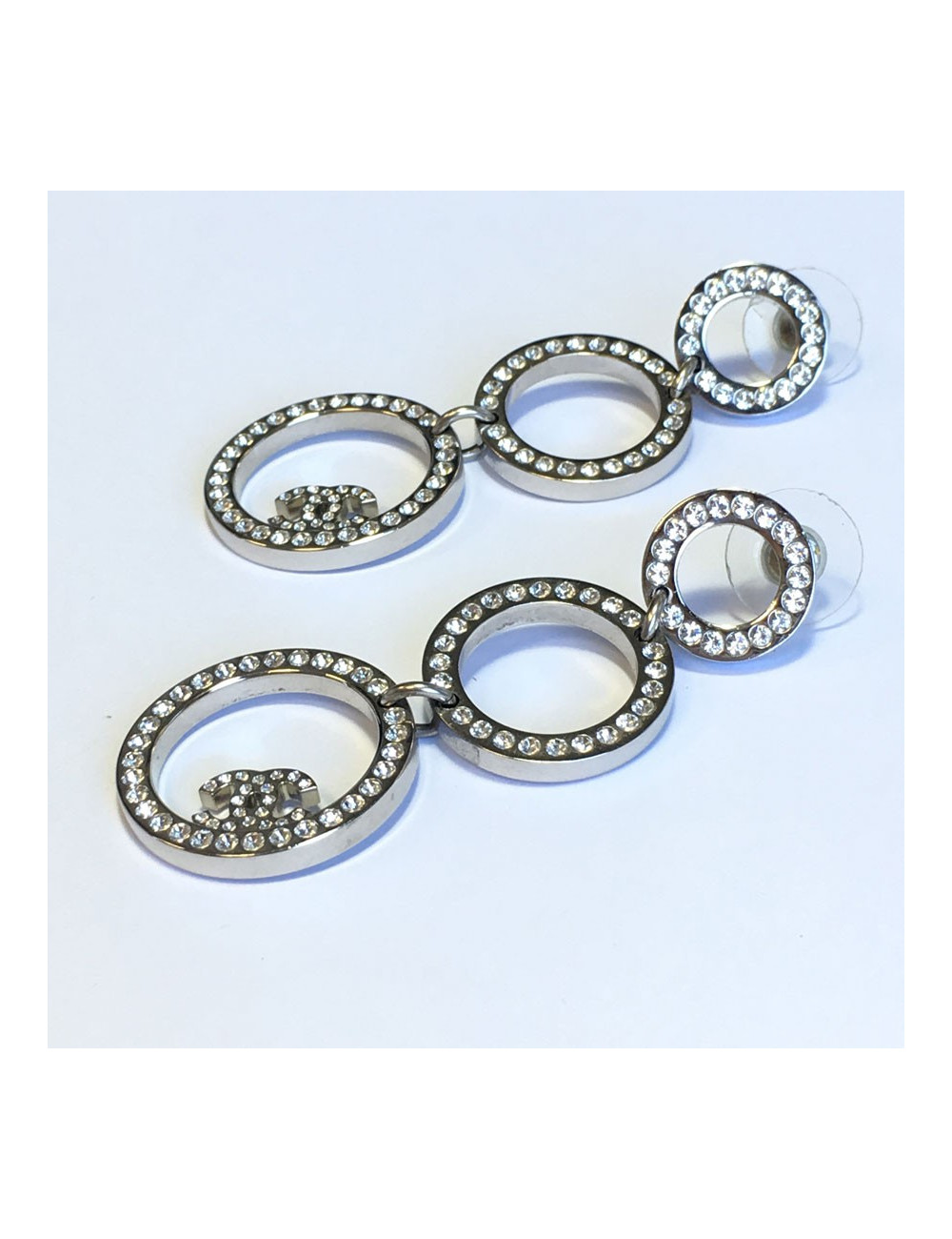 CHANEL dangling stud earrings in silver metal and white rhinestones