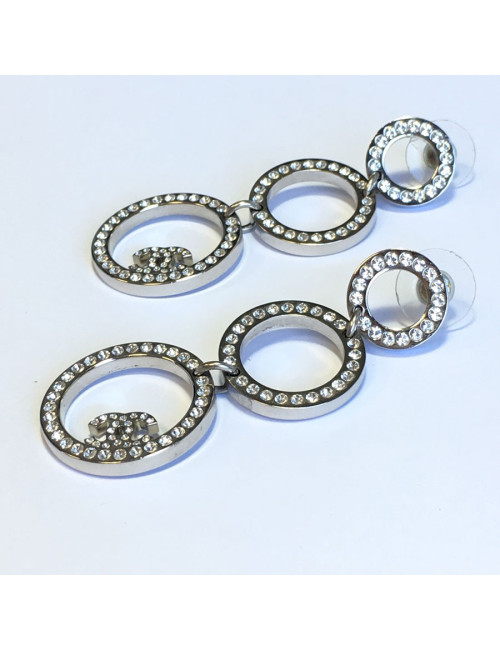 CHANEL dangling stud earrings in silver metal and white rhinestones