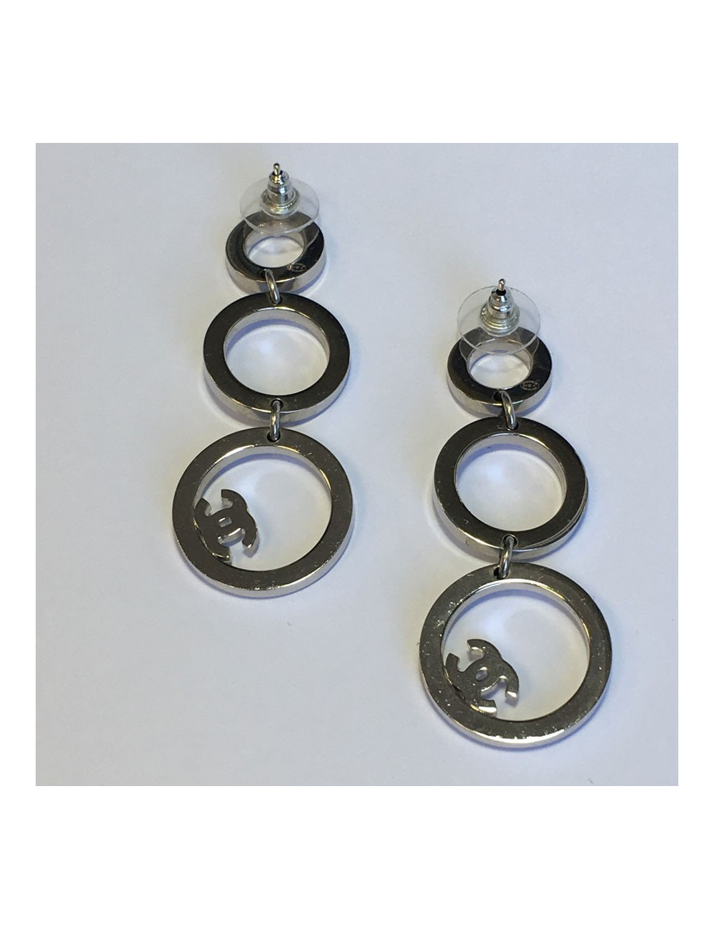 CHANEL dangling stud earrings in silver metal and white rhinestones