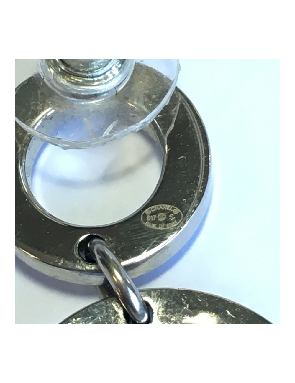 CHANEL dangling stud earrings in silver metal and white rhinestones