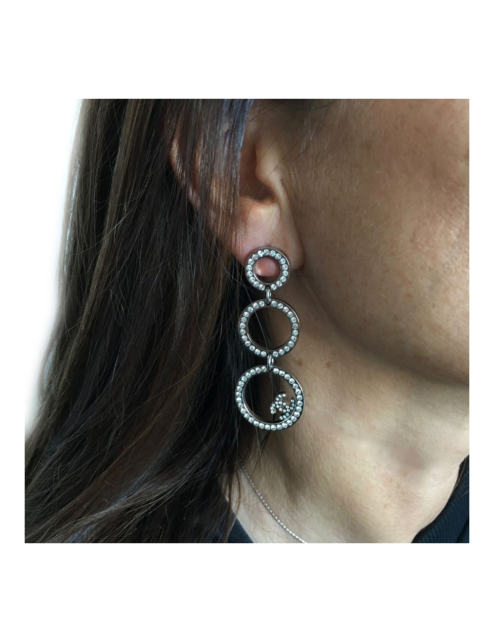 CHANEL dangling stud earrings in silver metal and white rhinestones