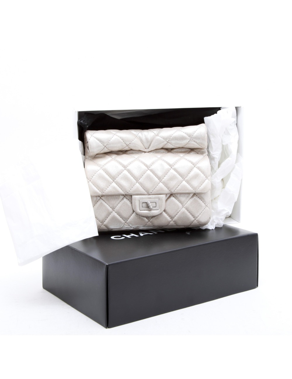 CHANEL evening clutch in silver lamé leather