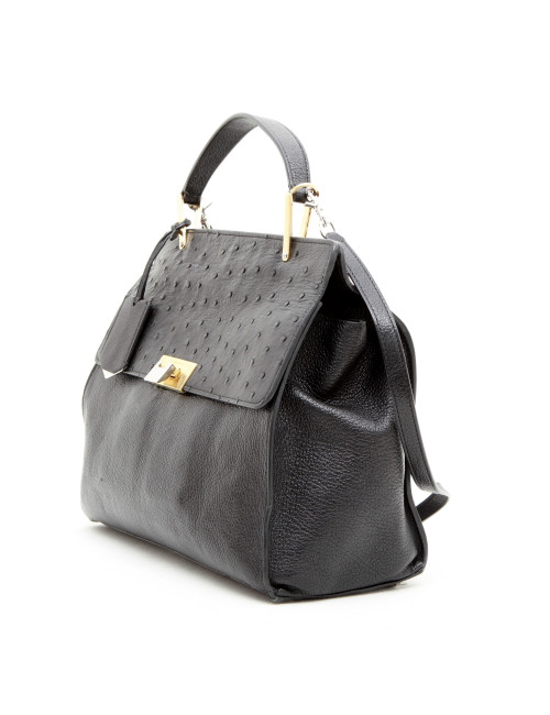 BALENCIAGA 'Le Dix' bag in shiny black grained leather and ostrich
