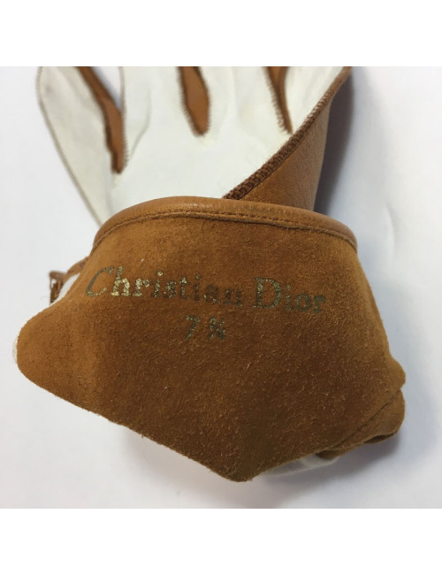 Gants CHRISTIAN DIOR bicolore cuir blanc et caramel