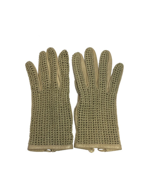 Gants CHANEL T7,5 en cuir et crochet beige