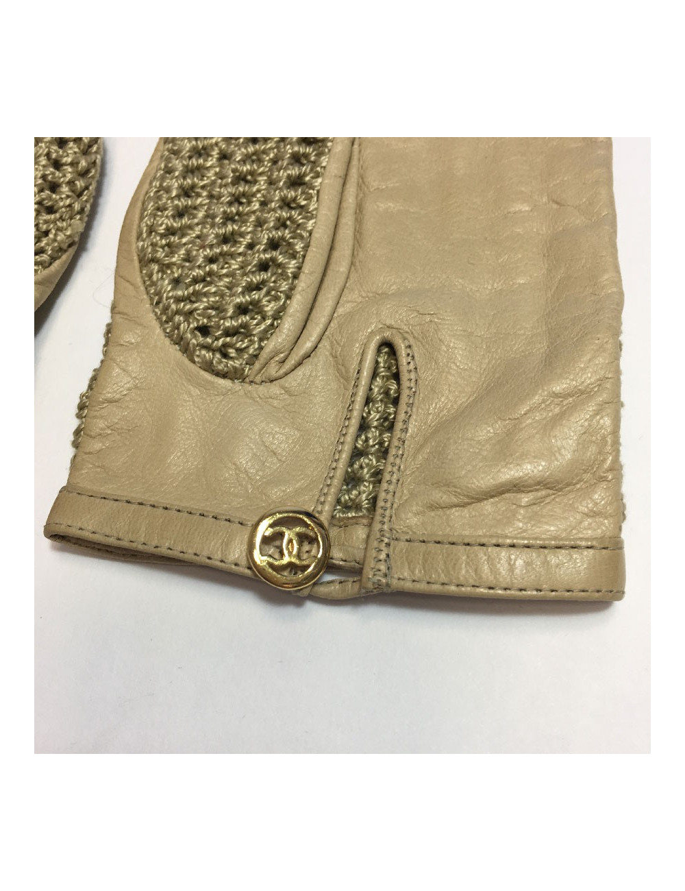Gants CHANEL T7,5 en cuir et crochet beige