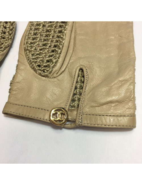 CHANEL gloves in beige kid leather and crochet size 7.5FR