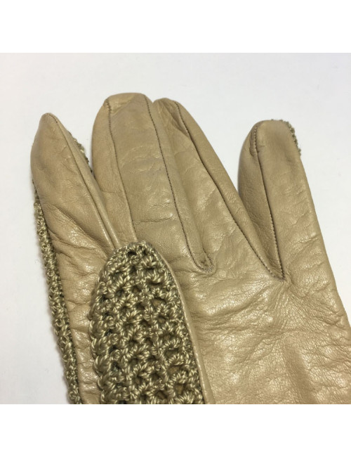 Gants CHANEL T7,5 en cuir et crochet beige