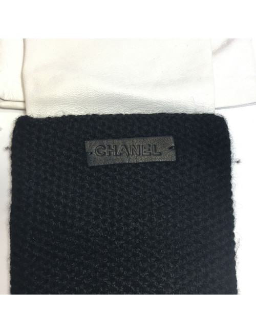 CHANEL long gloves in white leather and black cashmere size 7.5
